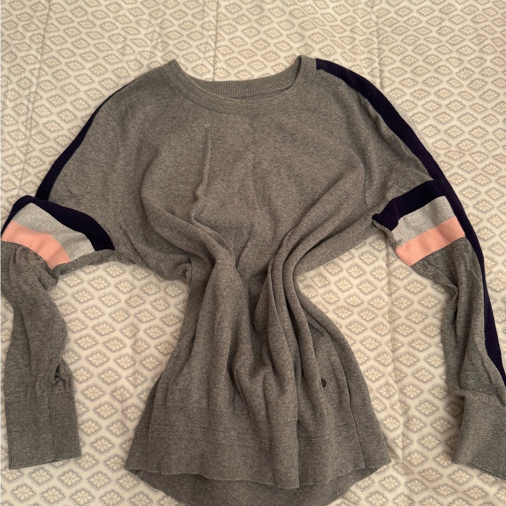 Gray Crew Neck Sweater with Pink and Navy Accents